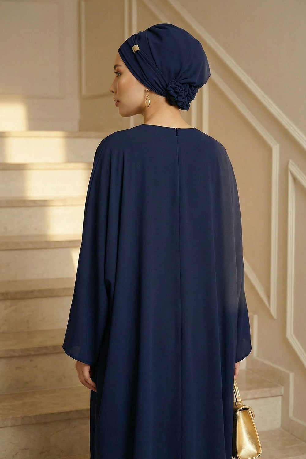 Chiffon Instant Turban with Sleek Gold Accent, Pre-Tied Hijab Cap for Women, Elegant Ready-to-Wear Modest Headwrap,HT-95S Navy Blue