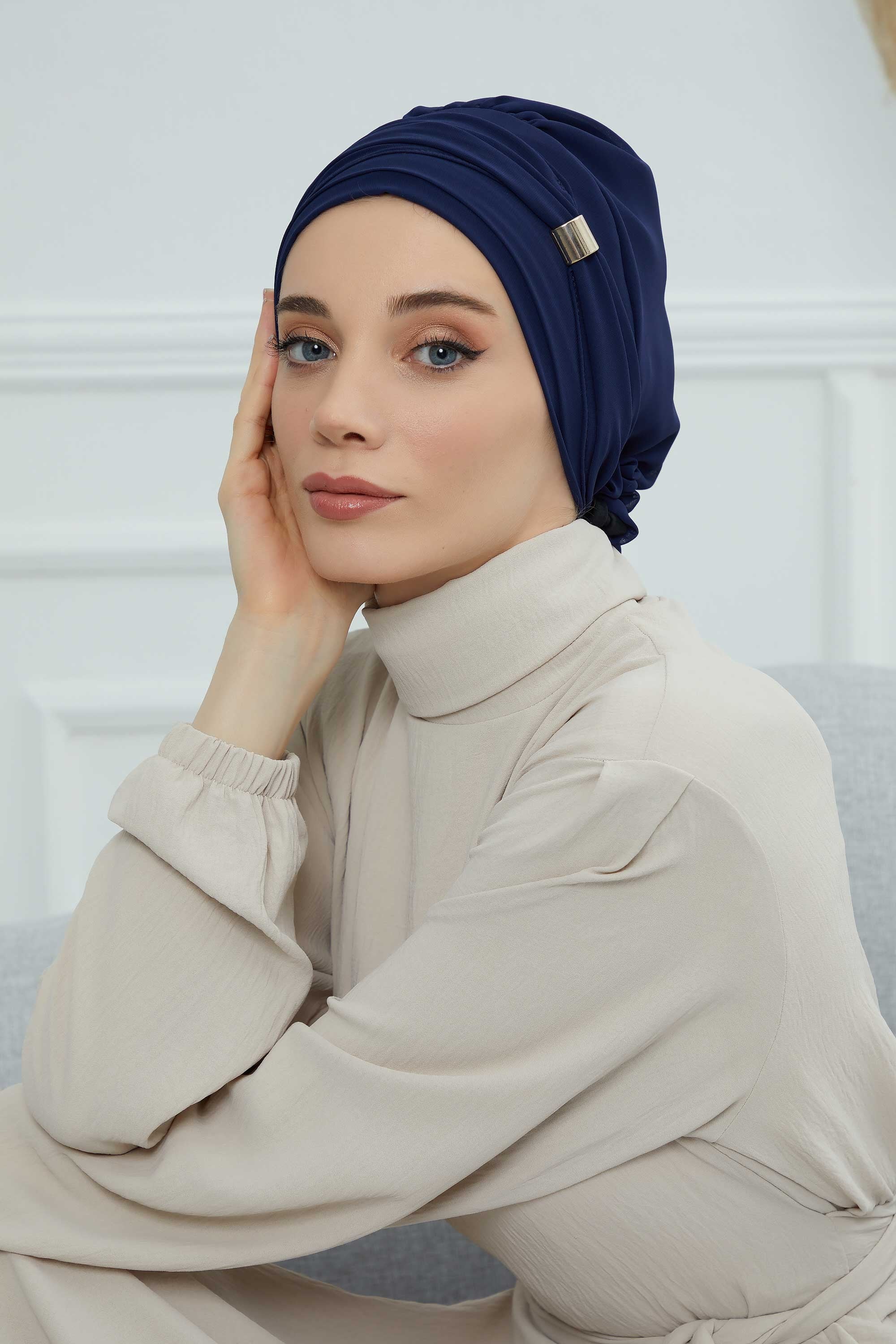 Chiffon Instant Turban with Sleek Gold Accent, Pre-Tied Hijab Cap for Women, Elegant Ready-to-Wear Modest Headwrap,HT-95S Navy Blue