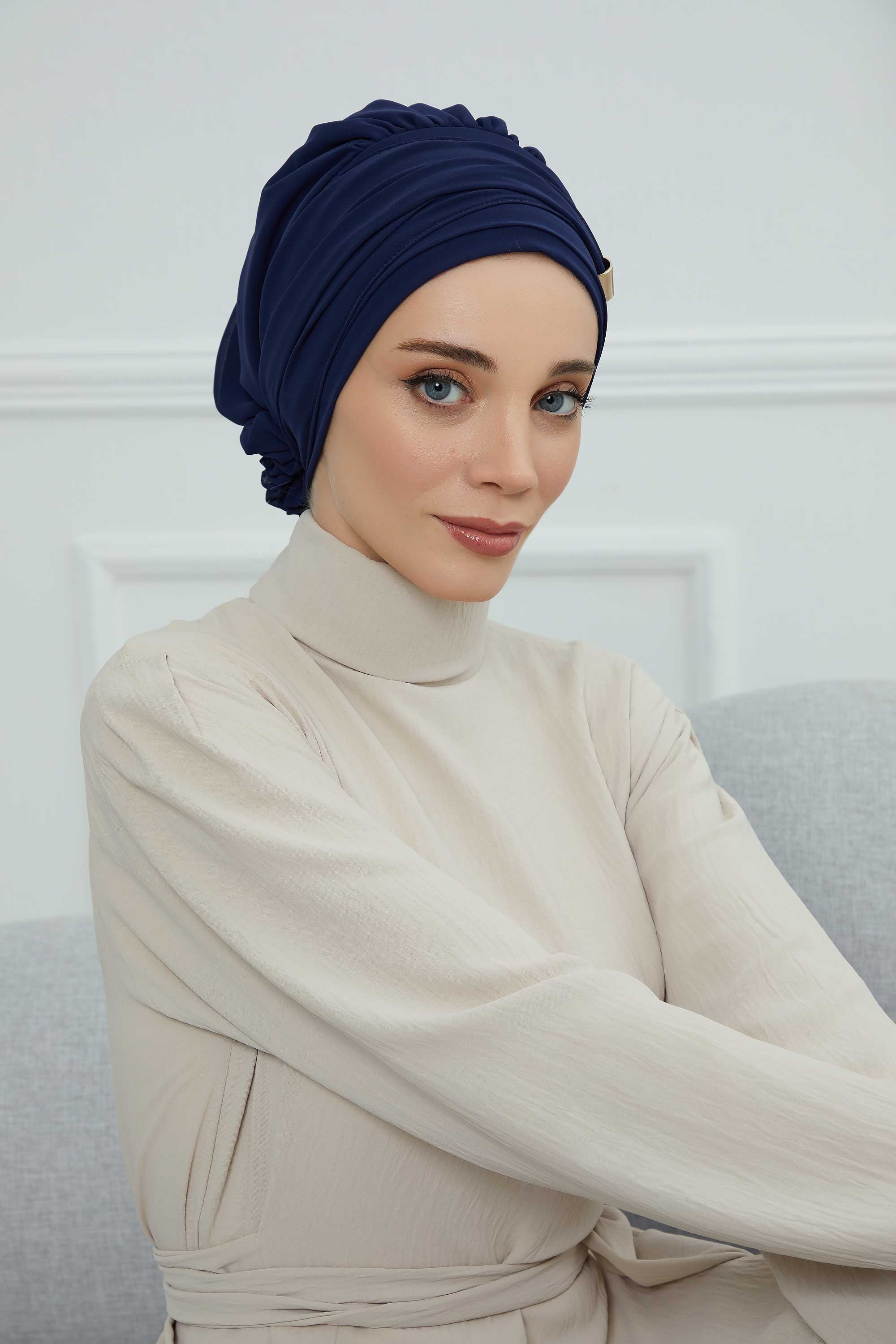 Chiffon Instant Turban with Sleek Gold Accent, Pre-Tied Hijab Cap for Women, Elegant Ready-to-Wear Modest Headwrap,HT-95S Navy Blue