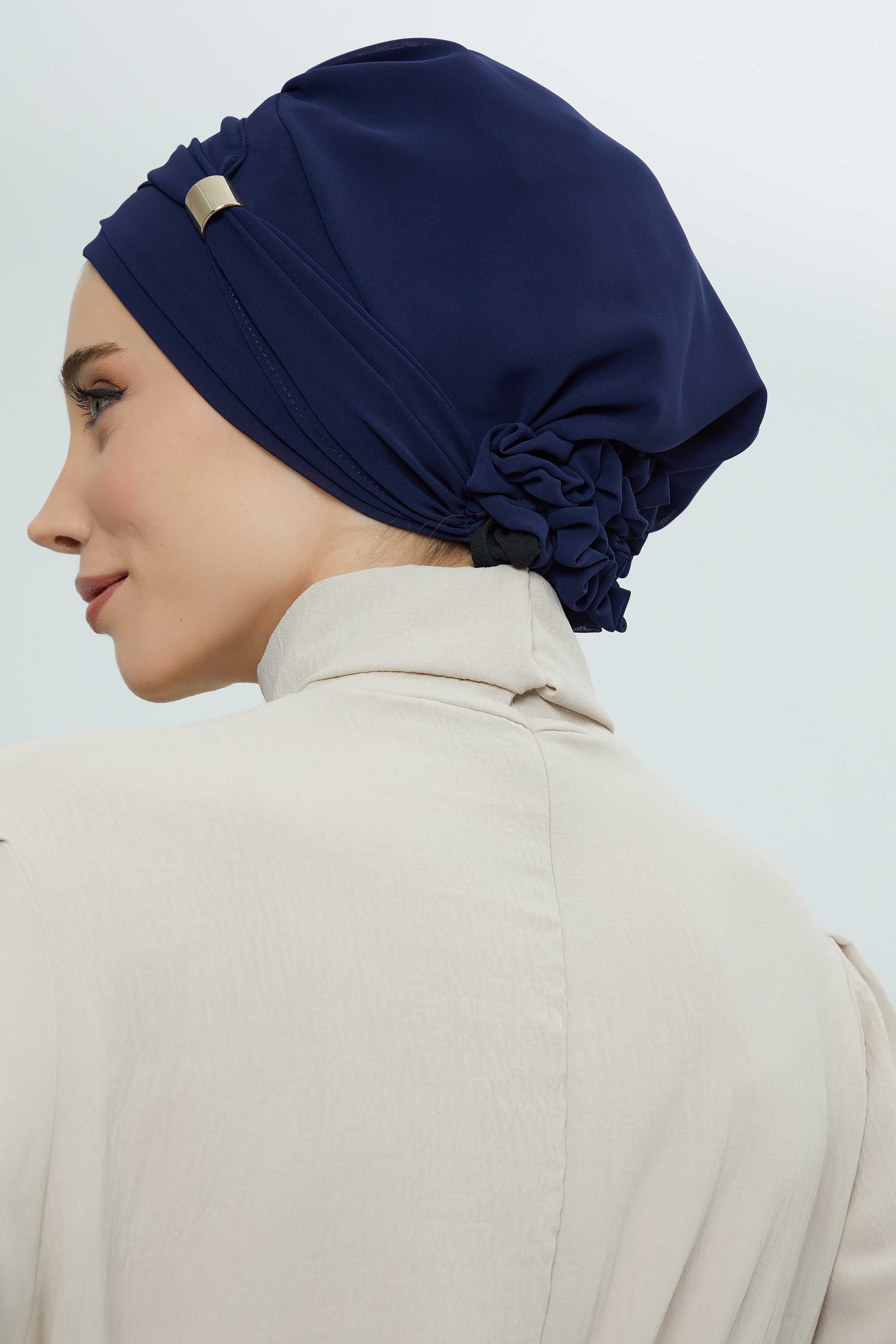 Chiffon Instant Turban with Sleek Gold Accent, Pre-Tied Hijab Cap for Women, Elegant Ready-to-Wear Modest Headwrap,HT-95S Navy Blue