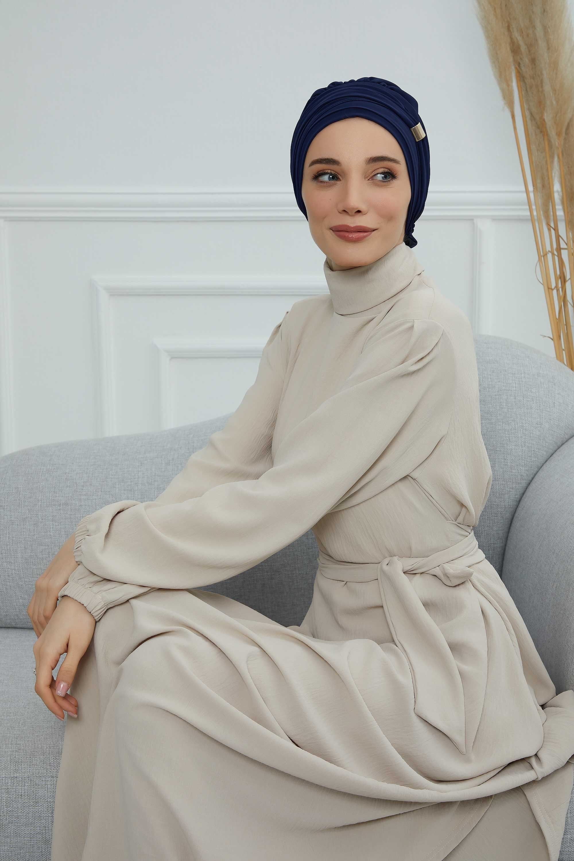Chiffon Instant Turban with Sleek Gold Accent, Pre-Tied Hijab Cap for Women, Elegant Ready-to-Wear Modest Headwrap,HT-95S Navy Blue