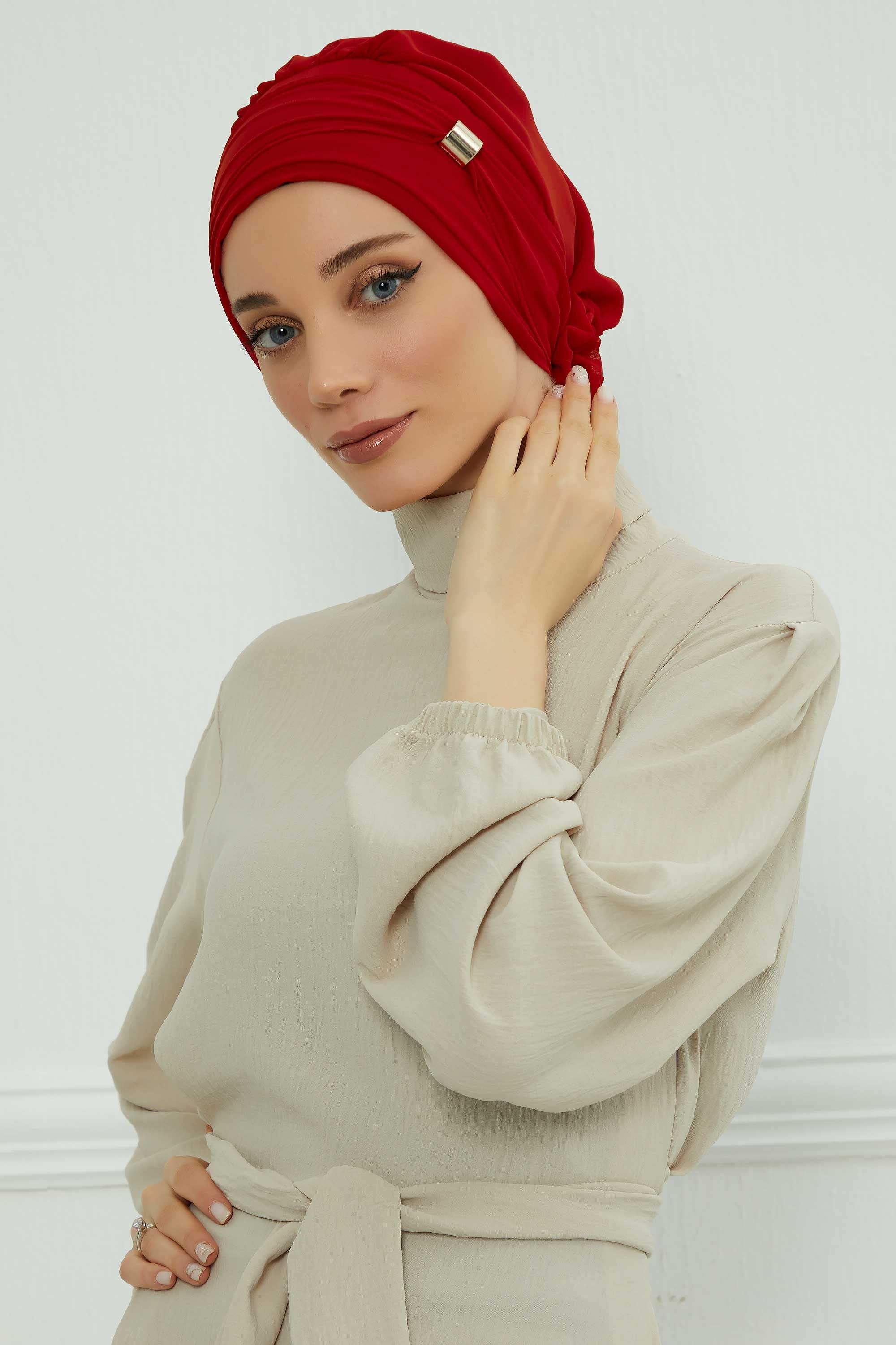 Chiffon Instant Turban with Sleek Gold Accent, Pre-Tied Hijab Cap for Women, Elegant Ready-to-Wear Modest Headwrap,HT-95S Red