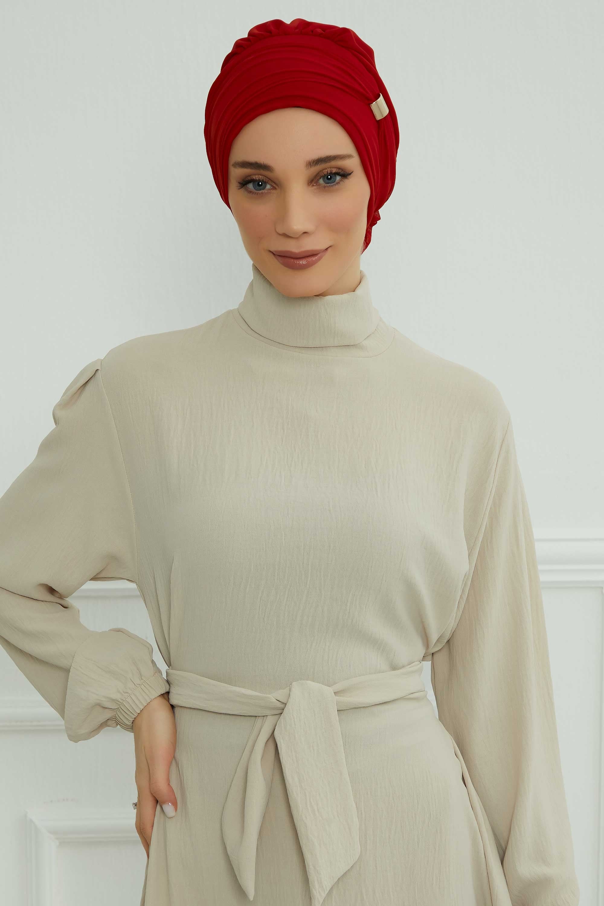 Chiffon Instant Turban with Sleek Gold Accent, Pre-Tied Hijab Cap for Women, Elegant Ready-to-Wear Modest Headwrap,HT-95S Red