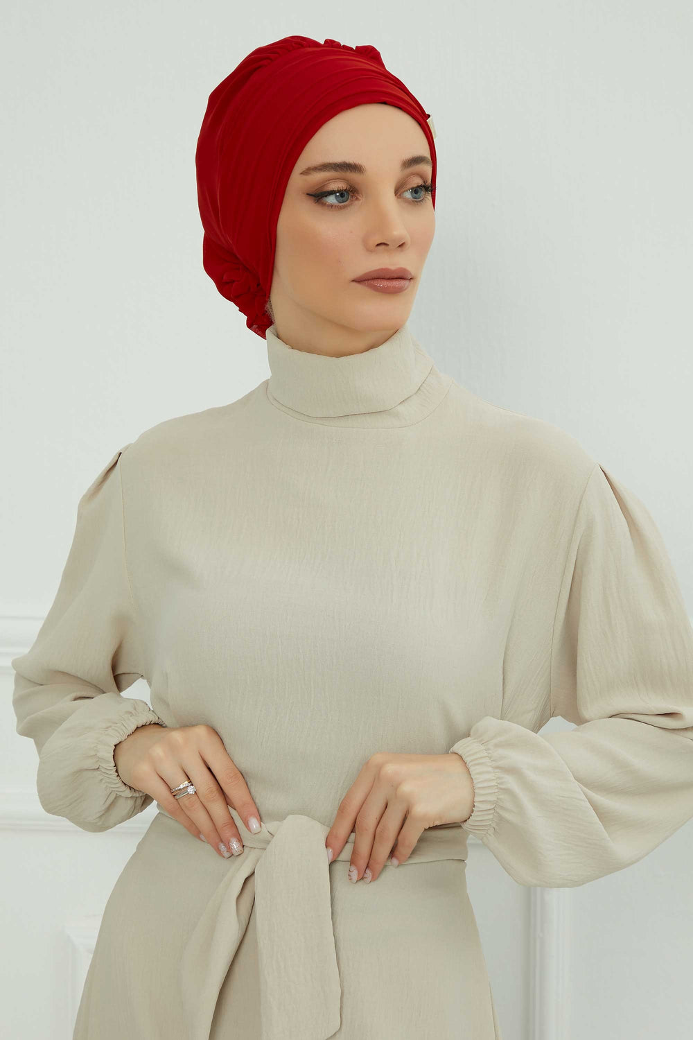 Chiffon Instant Turban with Sleek Gold Accent, Pre-Tied Hijab Cap for Women, Elegant Ready-to-Wear Modest Headwrap,HT-95S Red