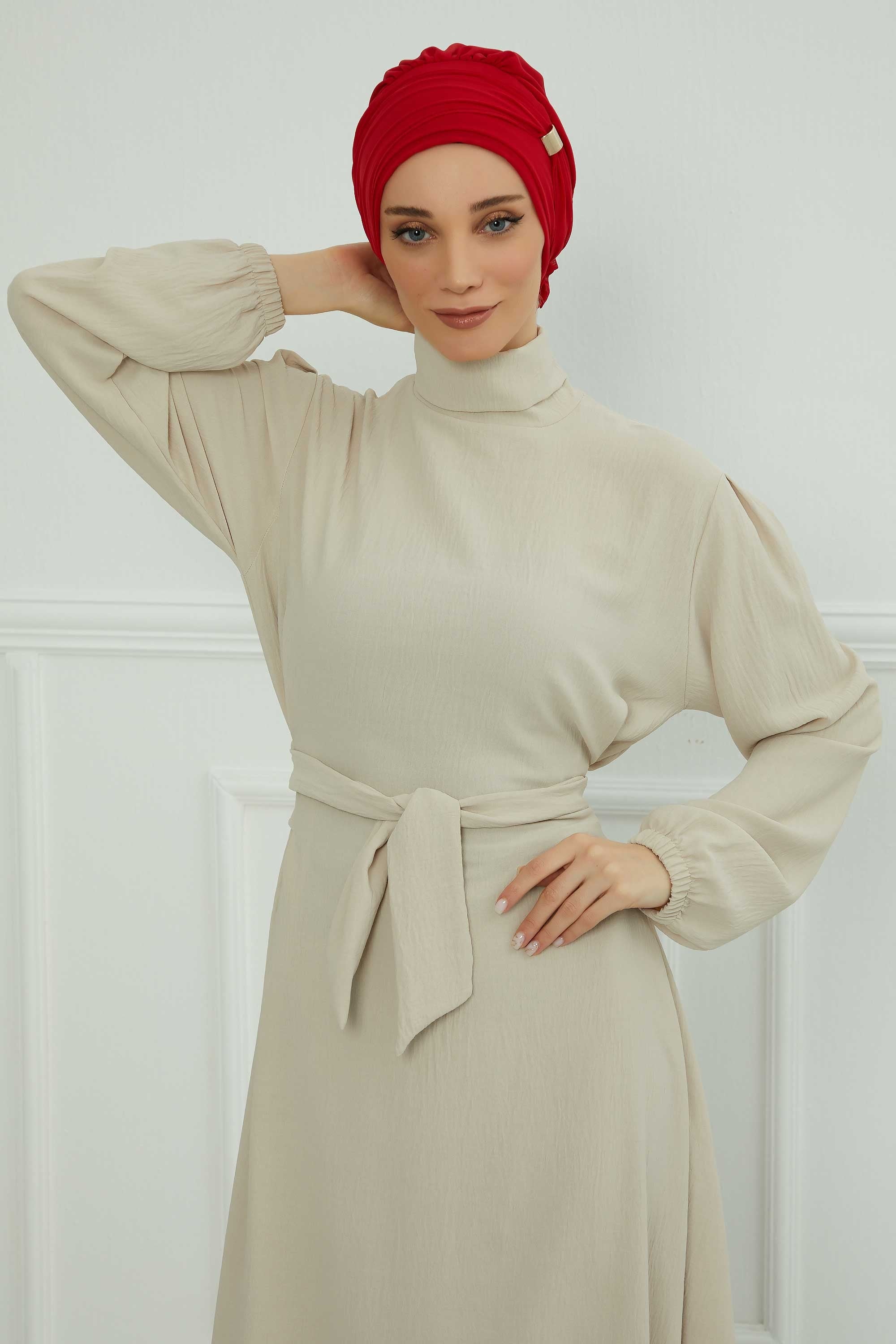 Chiffon Instant Turban with Sleek Gold Accent, Pre-Tied Hijab Cap for Women, Elegant Ready-to-Wear Modest Headwrap,HT-95S Red