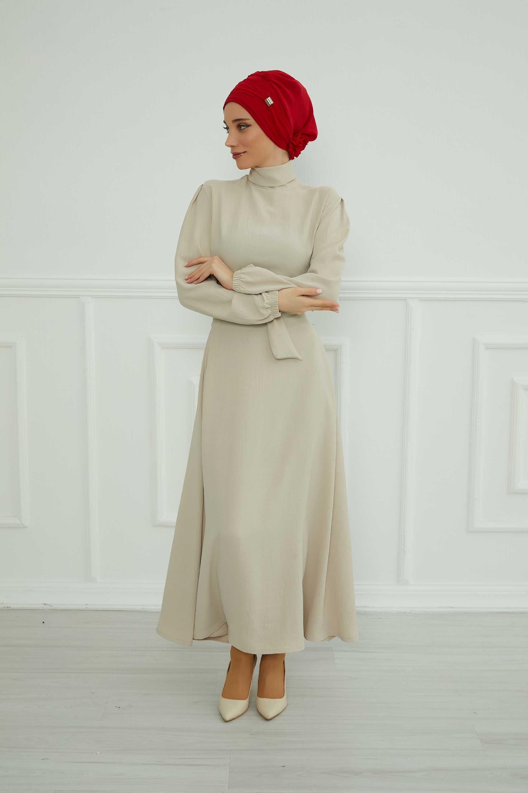 Chiffon Instant Turban with Sleek Gold Accent, Pre-Tied Hijab Cap for Women, Elegant Ready-to-Wear Modest Headwrap,HT-95S Red