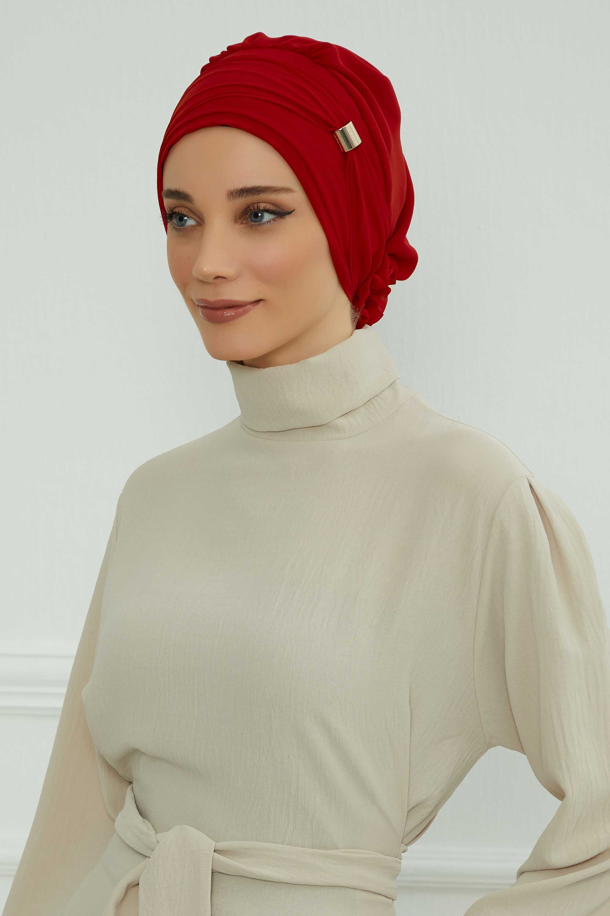 Chiffon Instant Turban with Sleek Gold Accent, Pre-Tied Hijab Cap for Women, Elegant Ready-to-Wear Modest Headwrap,HT-95S Red