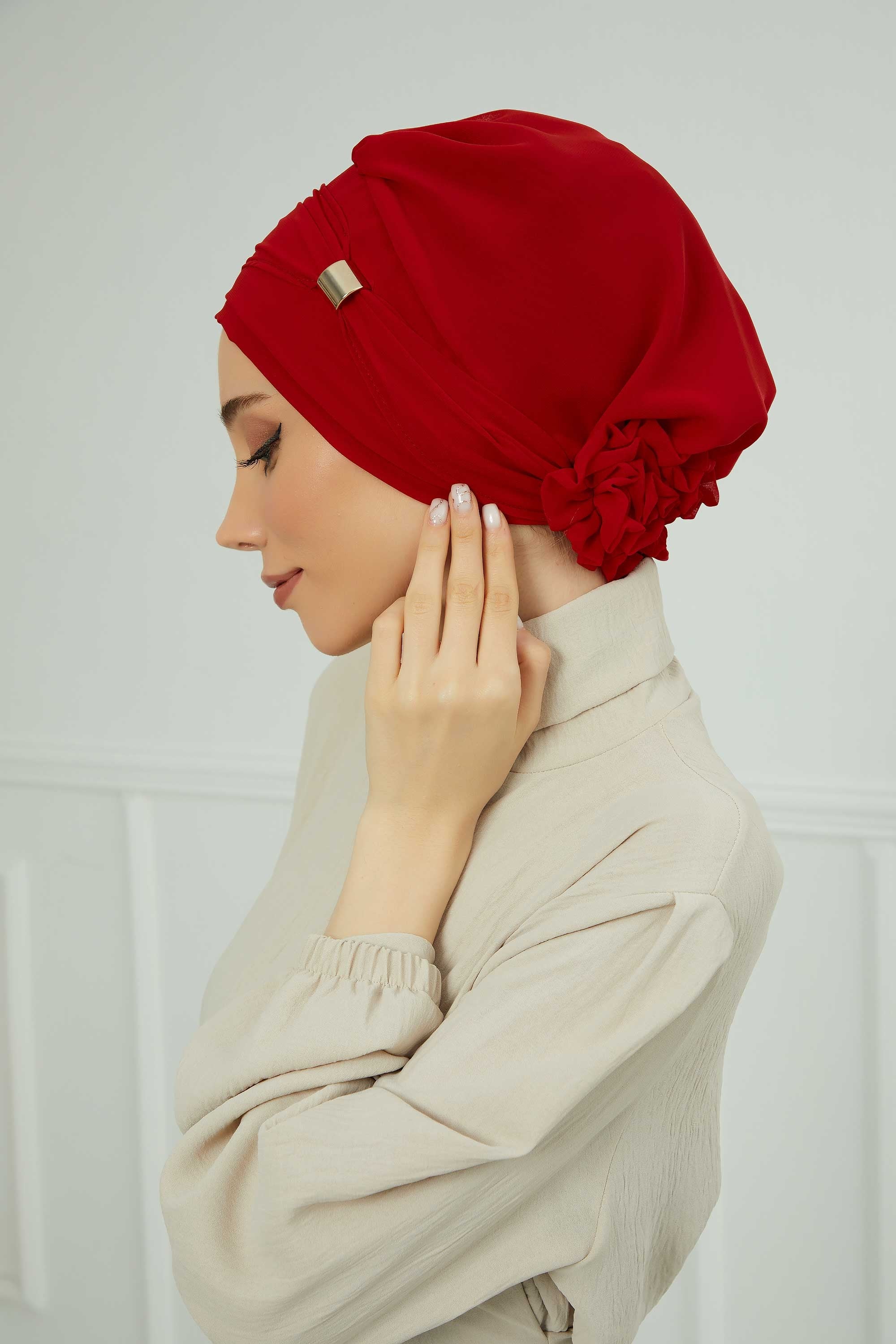 Chiffon Instant Turban with Sleek Gold Accent, Pre-Tied Hijab Cap for Women, Elegant Ready-to-Wear Modest Headwrap,HT-95S Red