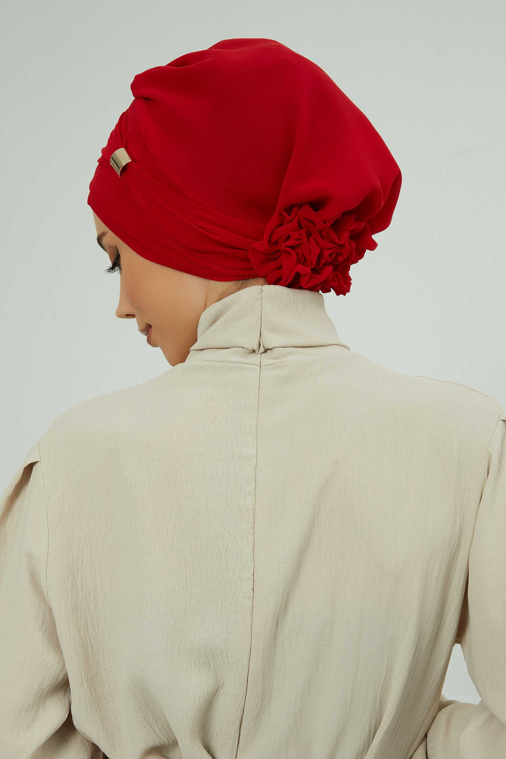Chiffon Instant Turban with Sleek Gold Accent, Pre-Tied Hijab Cap for Women, Elegant Ready-to-Wear Modest Headwrap,HT-95S Red