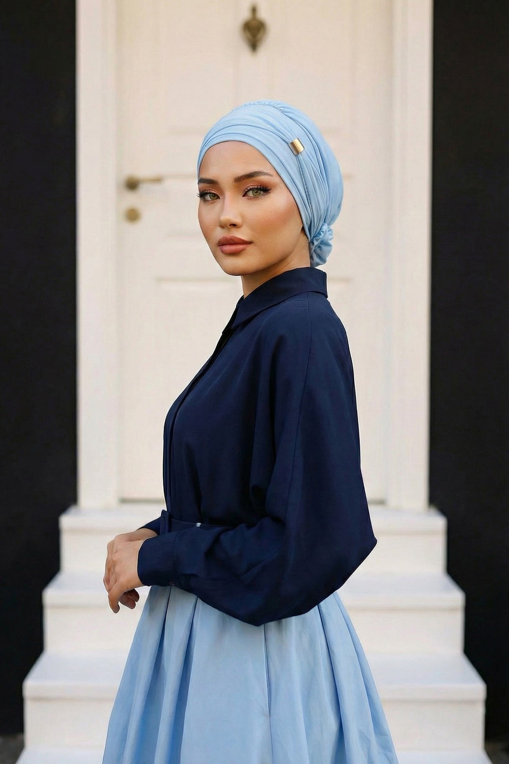 Chiffon Instant Turban with Sleek Gold Accent, Pre-Tied Hijab Cap for Women, Elegant Ready-to-Wear Modest Headwrap,HT-95S Baby Blue