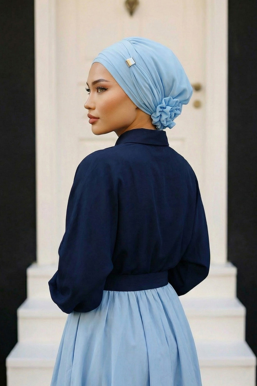 Chiffon Instant Turban with Sleek Gold Accent, Pre-Tied Hijab Cap for Women, Elegant Ready-to-Wear Modest Headwrap,HT-95S Baby Blue