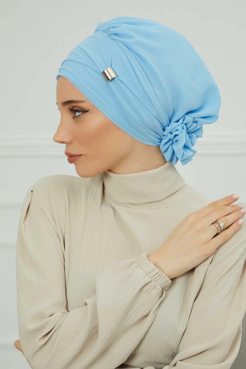 Chiffon Instant Turban with Sleek Gold Accent, Pre-Tied Hijab Cap for Women, Elegant Ready-to-Wear Modest Headwrap,HT-95S Baby Blue