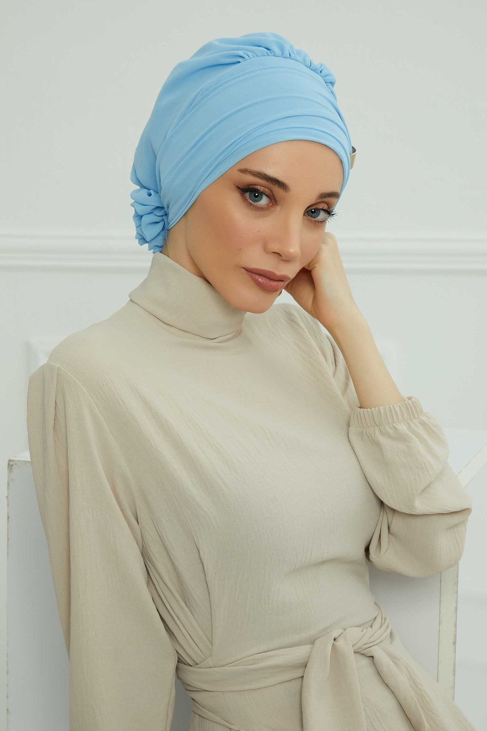 Chiffon Instant Turban with Sleek Gold Accent, Pre-Tied Hijab Cap for Women, Elegant Ready-to-Wear Modest Headwrap,HT-95S Baby Blue