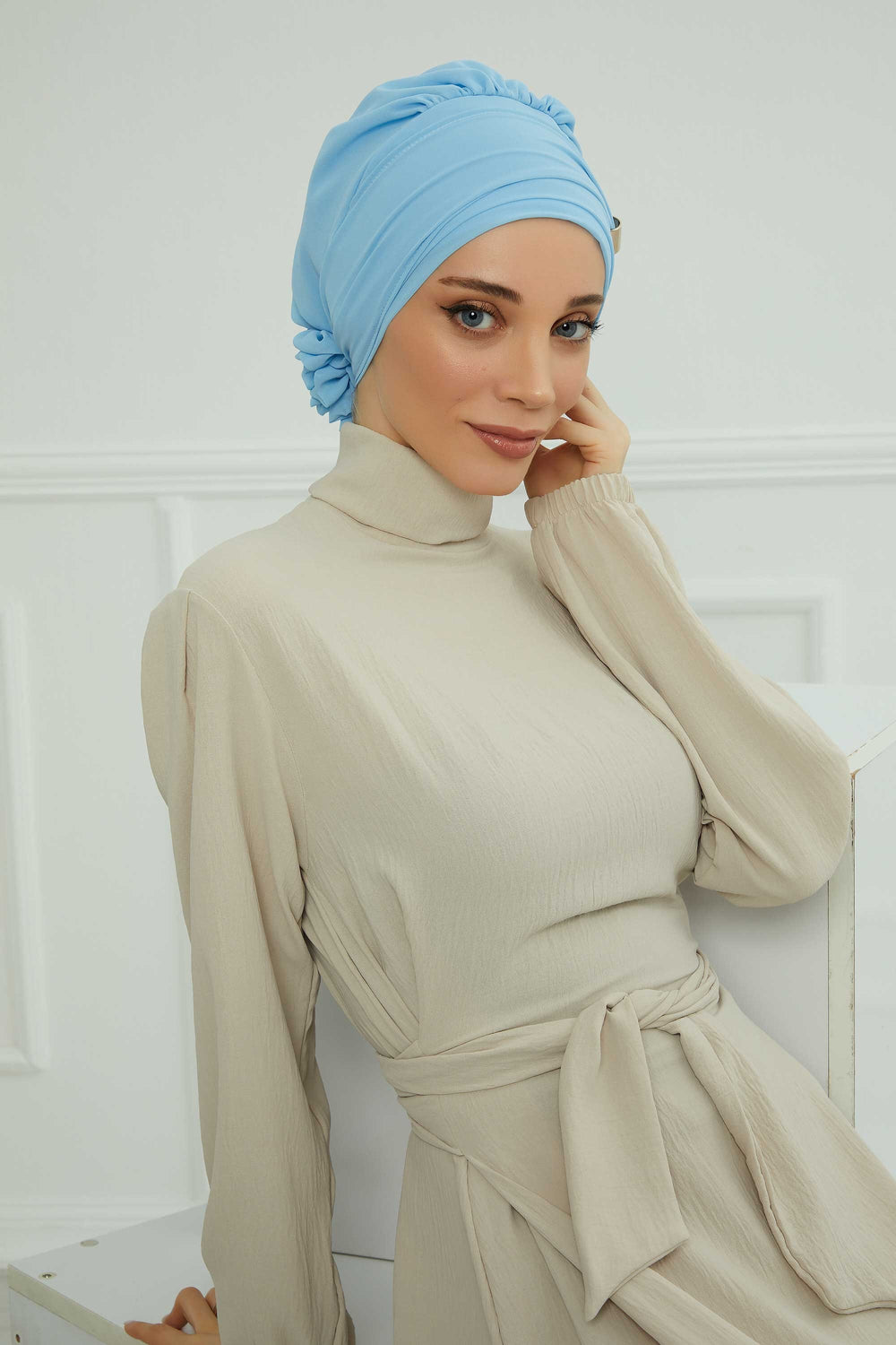 Chiffon Instant Turban with Sleek Gold Accent, Pre-Tied Hijab Cap for Women, Elegant Ready-to-Wear Modest Headwrap,HT-95S Baby Blue