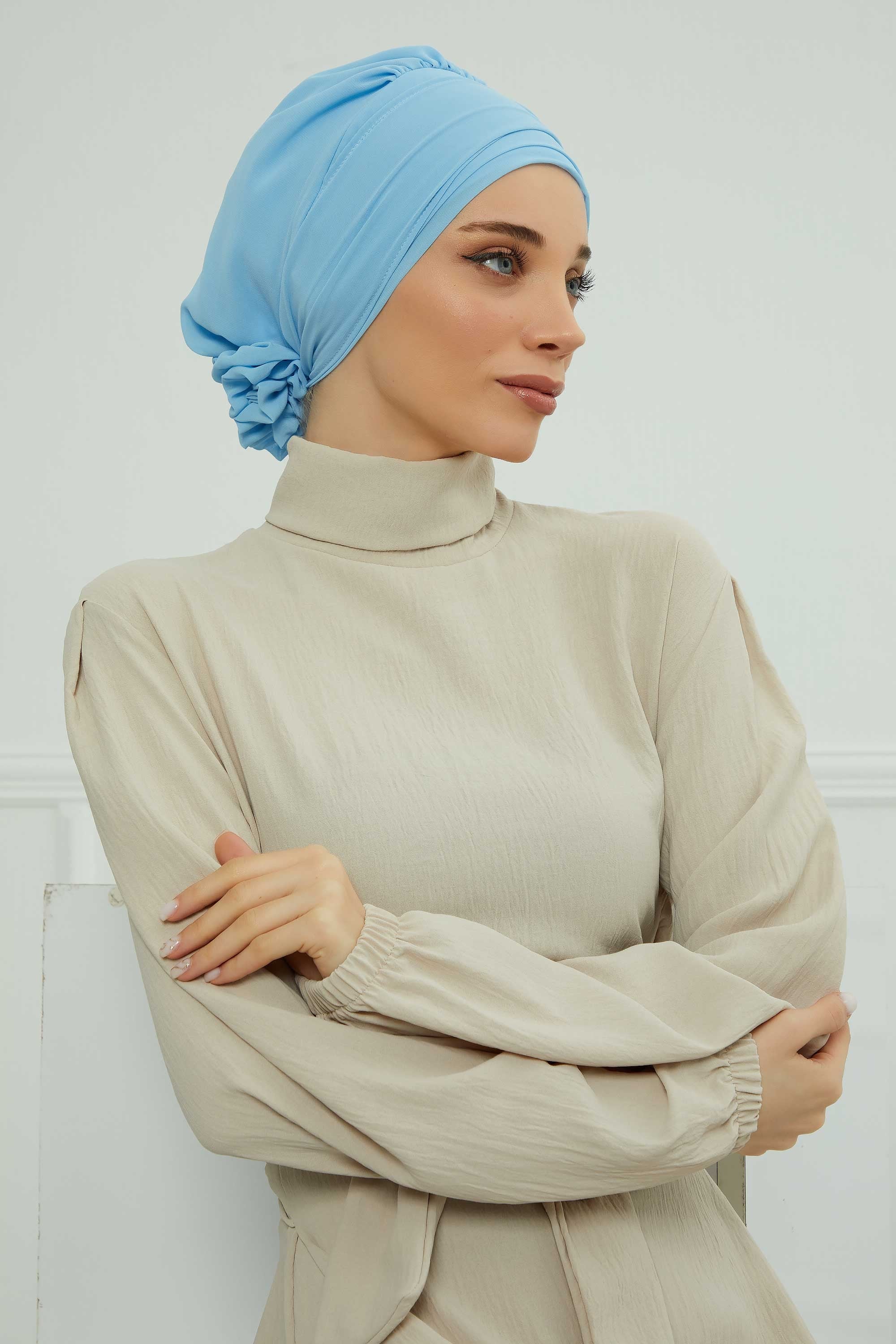Chiffon Instant Turban with Sleek Gold Accent, Pre-Tied Hijab Cap for Women, Elegant Ready-to-Wear Modest Headwrap,HT-95S Baby Blue