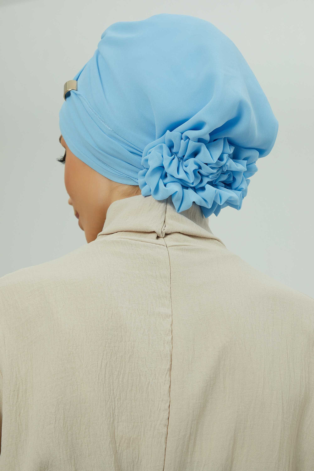 Chiffon Instant Turban with Sleek Gold Accent, Pre-Tied Hijab Cap for Women, Elegant Ready-to-Wear Modest Headwrap,HT-95S Baby Blue