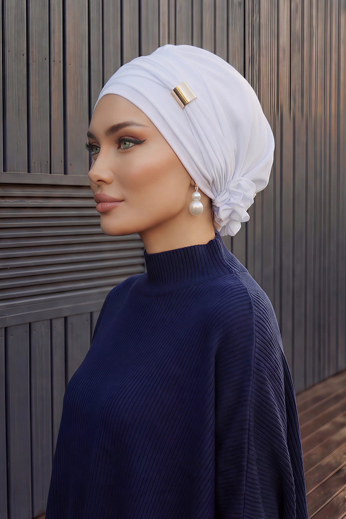 Chiffon Instant Turban with Sleek Gold Accent, Pre-Tied Hijab Cap for Women, Elegant Ready-to-Wear Modest Headwrap,HT-95S White