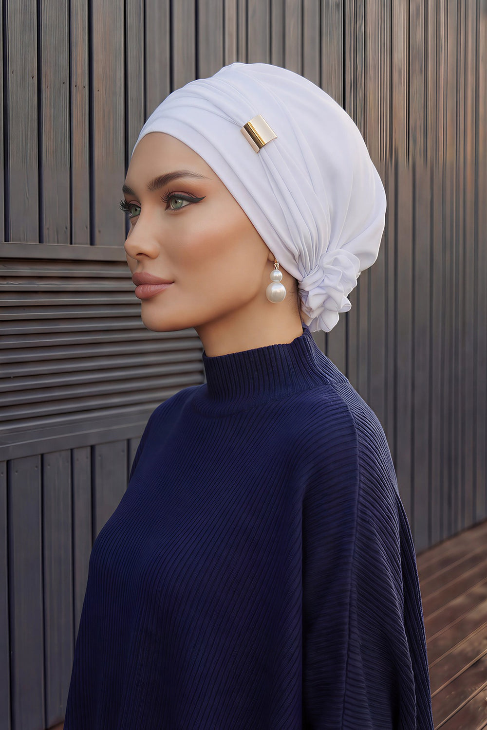 Chiffon Instant Turban with Sleek Gold Accent, Pre-Tied Hijab Cap for Women, Elegant Ready-to-Wear Modest Headwrap,HT-95S White