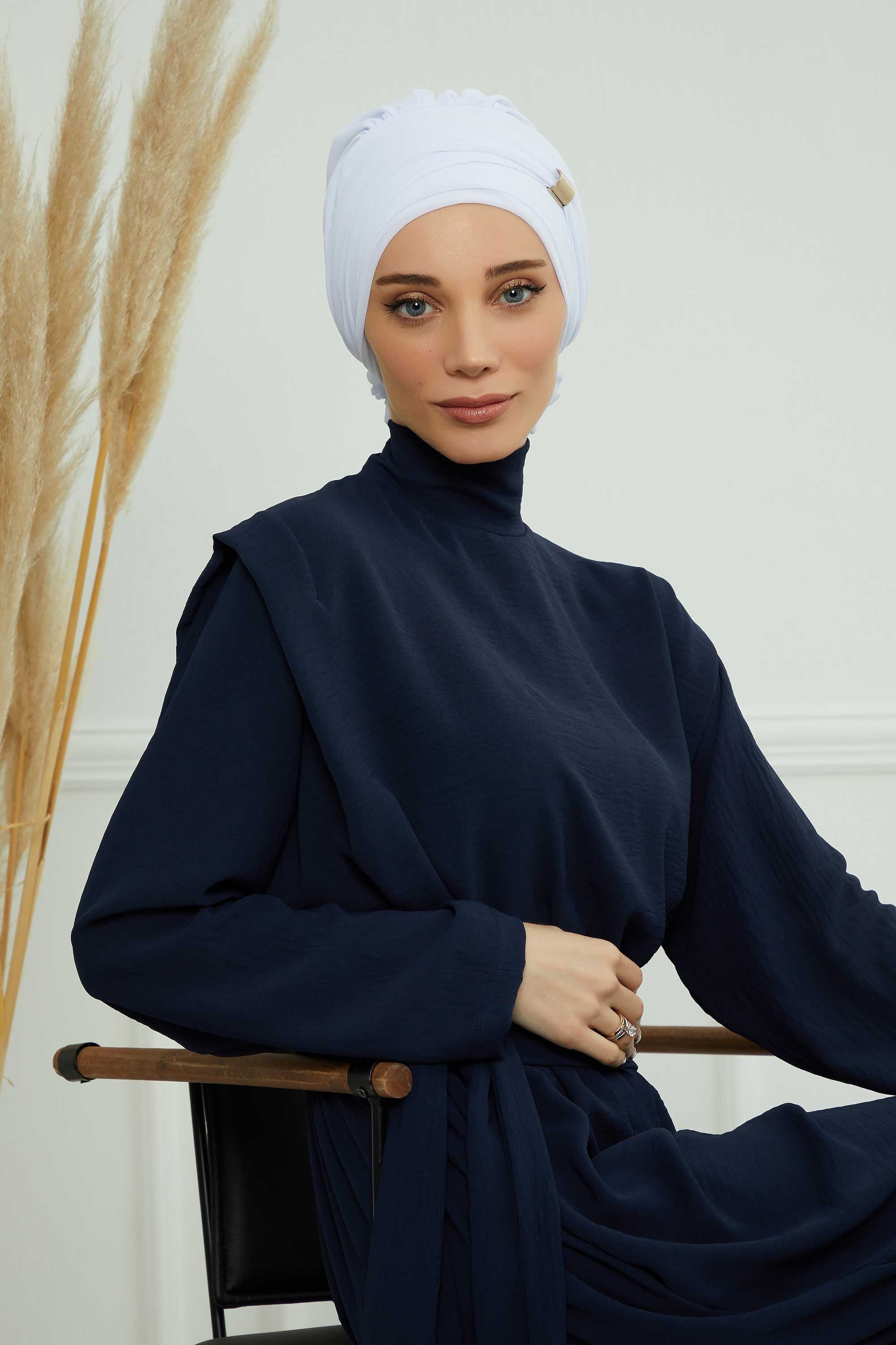 Chiffon Instant Turban with Sleek Gold Accent, Pre-Tied Hijab Cap for Women, Elegant Ready-to-Wear Modest Headwrap,HT-95S White