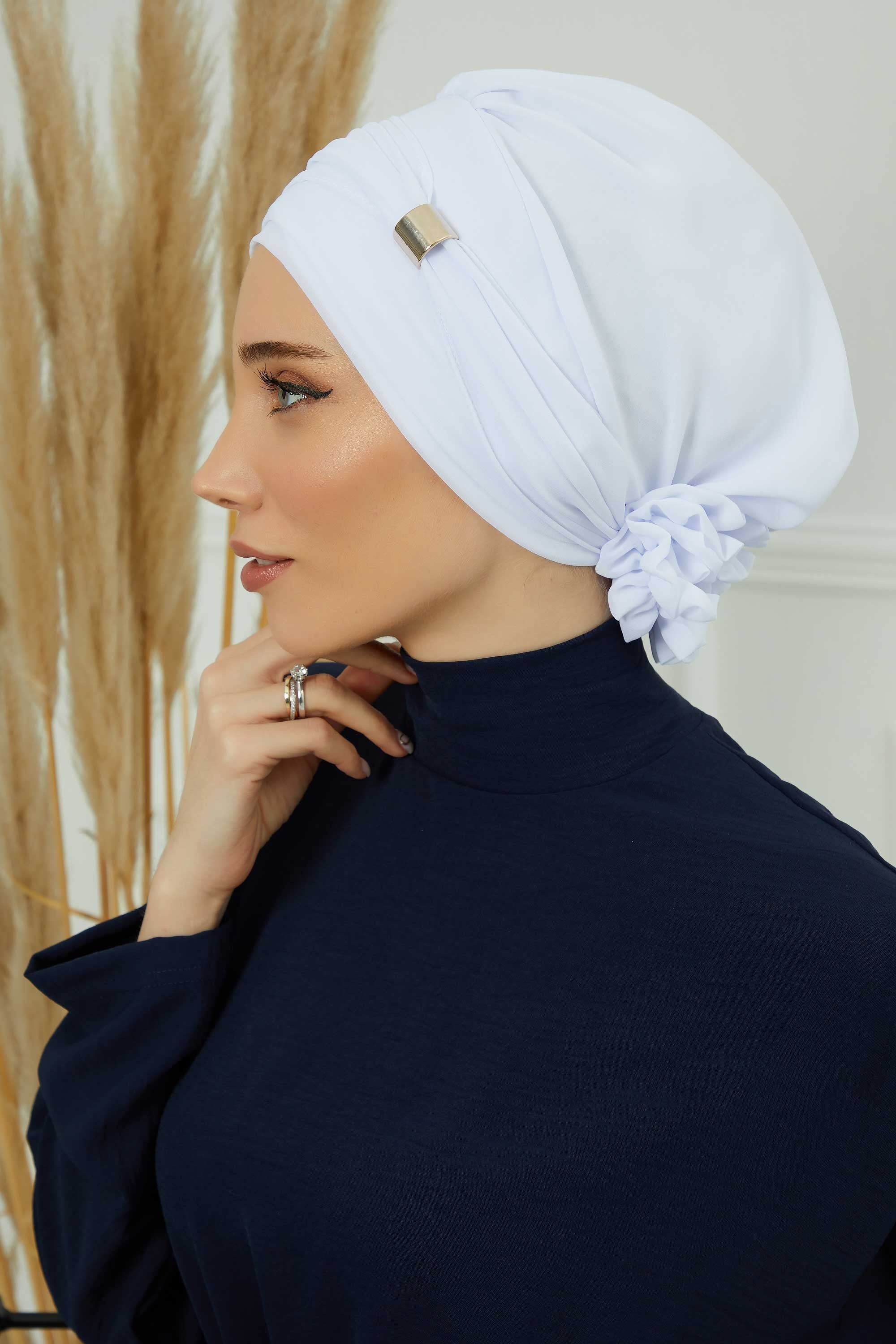 Chiffon Instant Turban with Sleek Gold Accent, Pre-Tied Hijab Cap for Women, Elegant Ready-to-Wear Modest Headwrap,HT-95S White