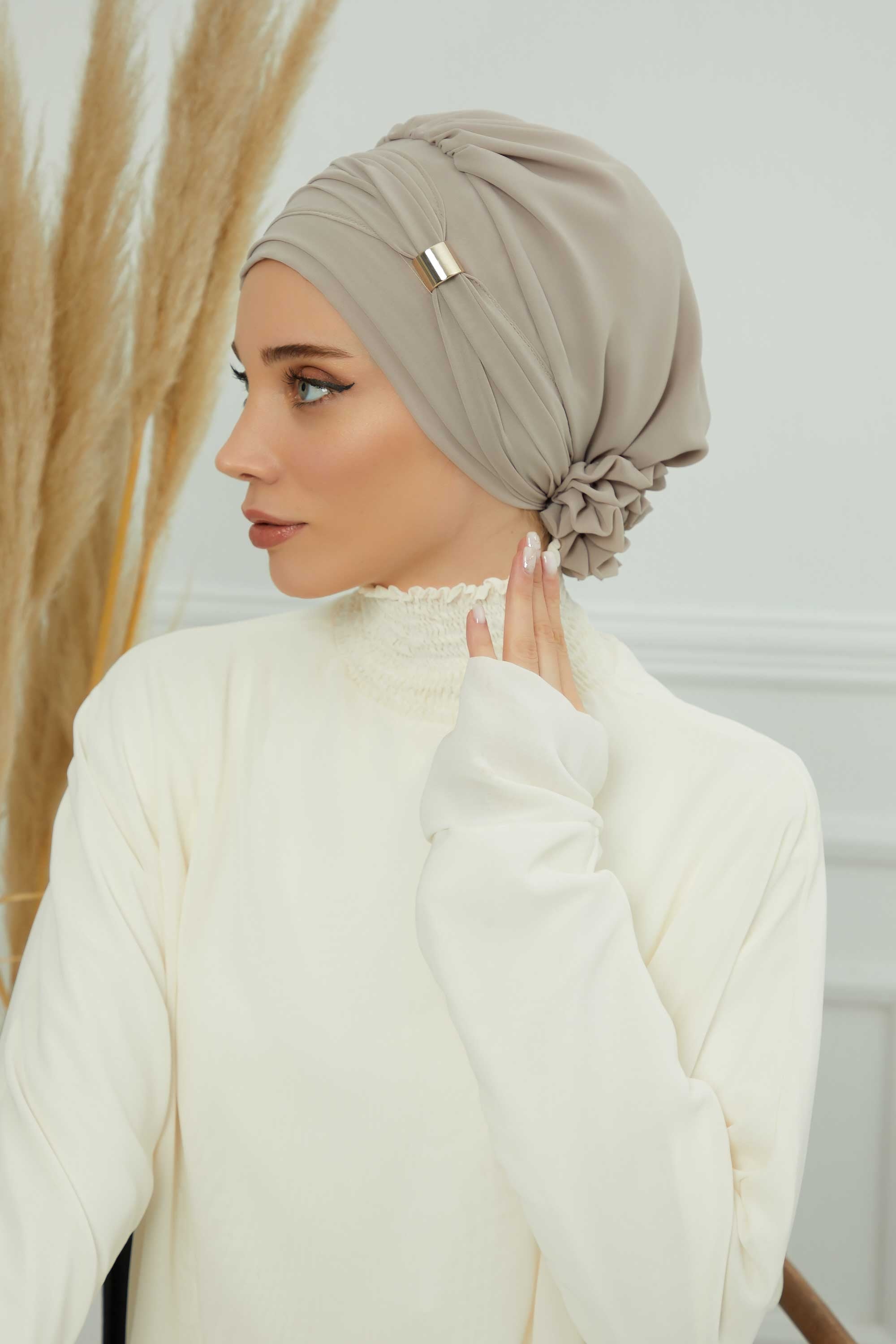Chiffon Instant Turban with Sleek Gold Accent, Pre-Tied Hijab Cap for Women, Elegant Ready-to-Wear Modest Headwrap,HT-95S Mink