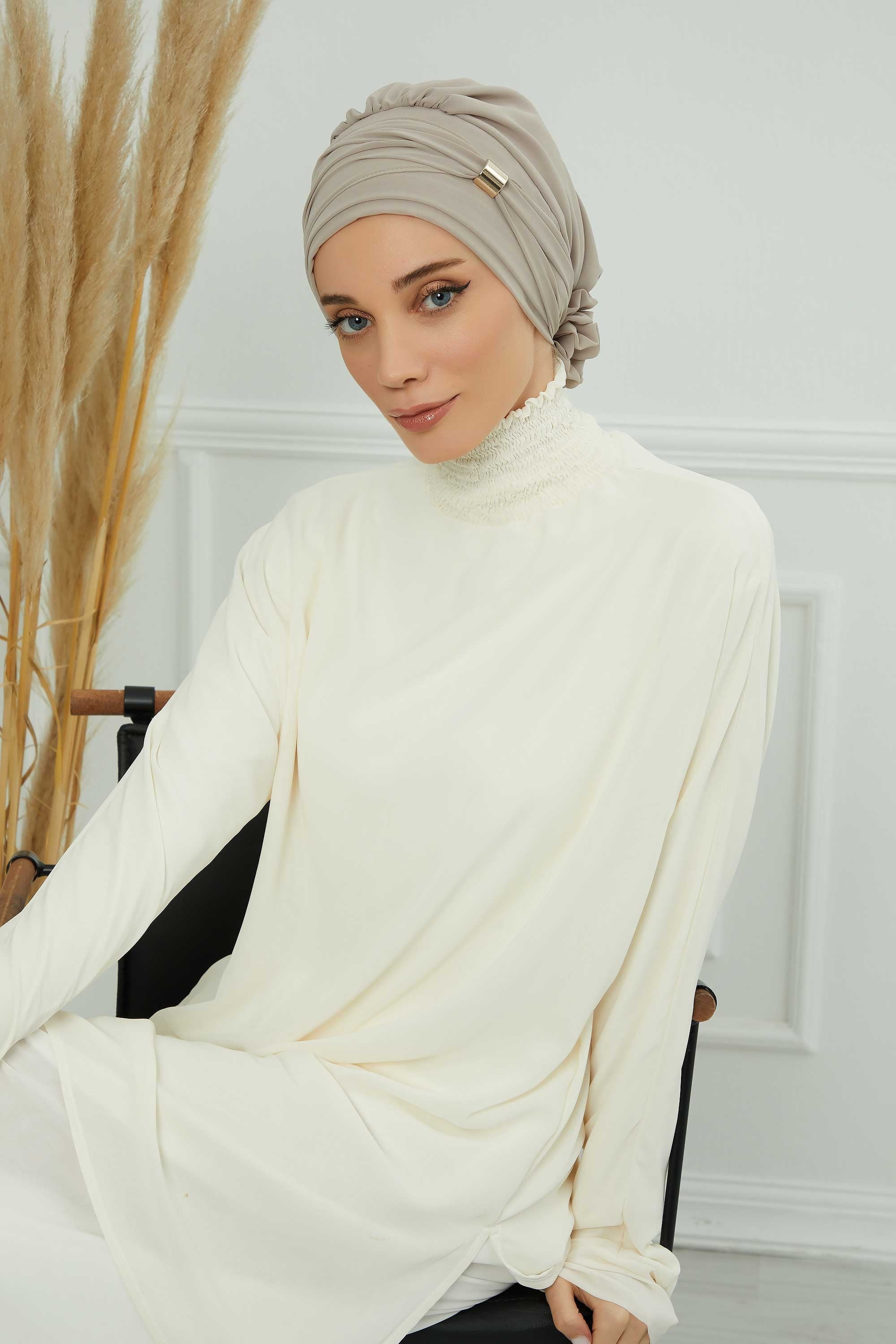 Chiffon Instant Turban with Sleek Gold Accent, Pre-Tied Hijab Cap for Women, Elegant Ready-to-Wear Modest Headwrap,HT-95S Mink
