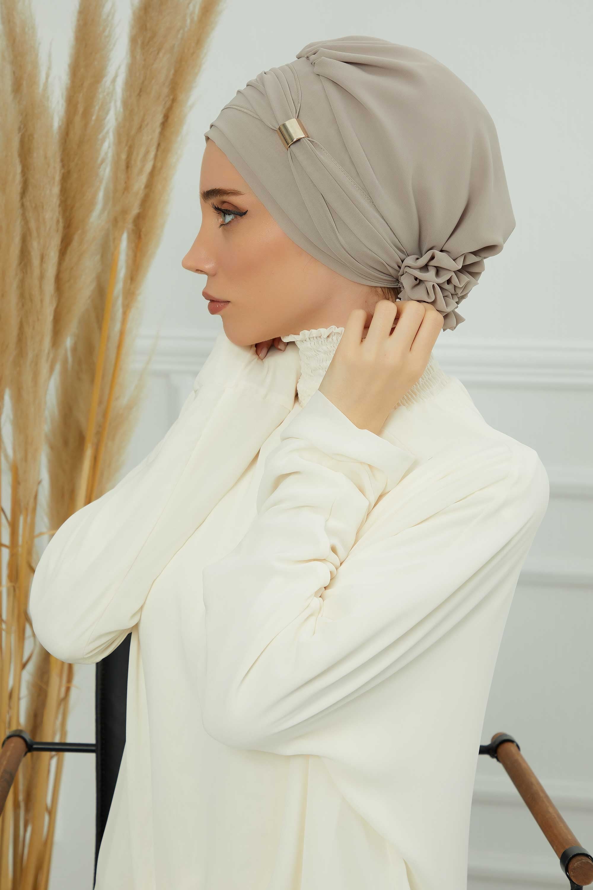 Chiffon Instant Turban with Sleek Gold Accent, Pre-Tied Hijab Cap for Women, Elegant Ready-to-Wear Modest Headwrap,HT-95S Mink