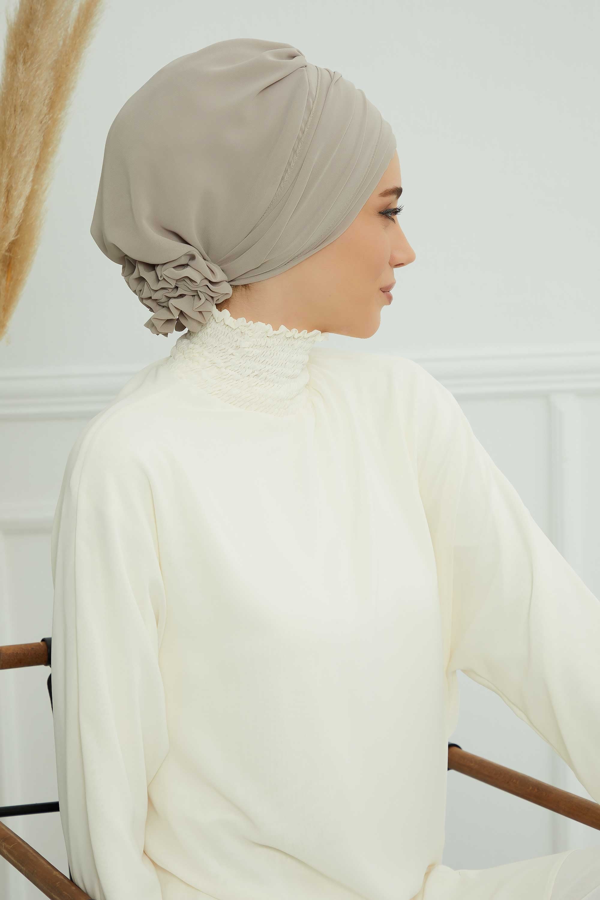 Chiffon Instant Turban with Sleek Gold Accent, Pre-Tied Hijab Cap for Women, Elegant Ready-to-Wear Modest Headwrap,HT-95S Mink