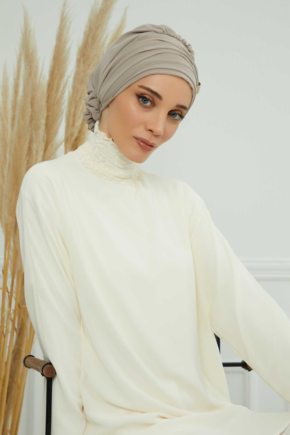 Chiffon Instant Turban with Sleek Gold Accent, Pre-Tied Hijab Cap for Women, Elegant Ready-to-Wear Modest Headwrap,HT-95S Mink