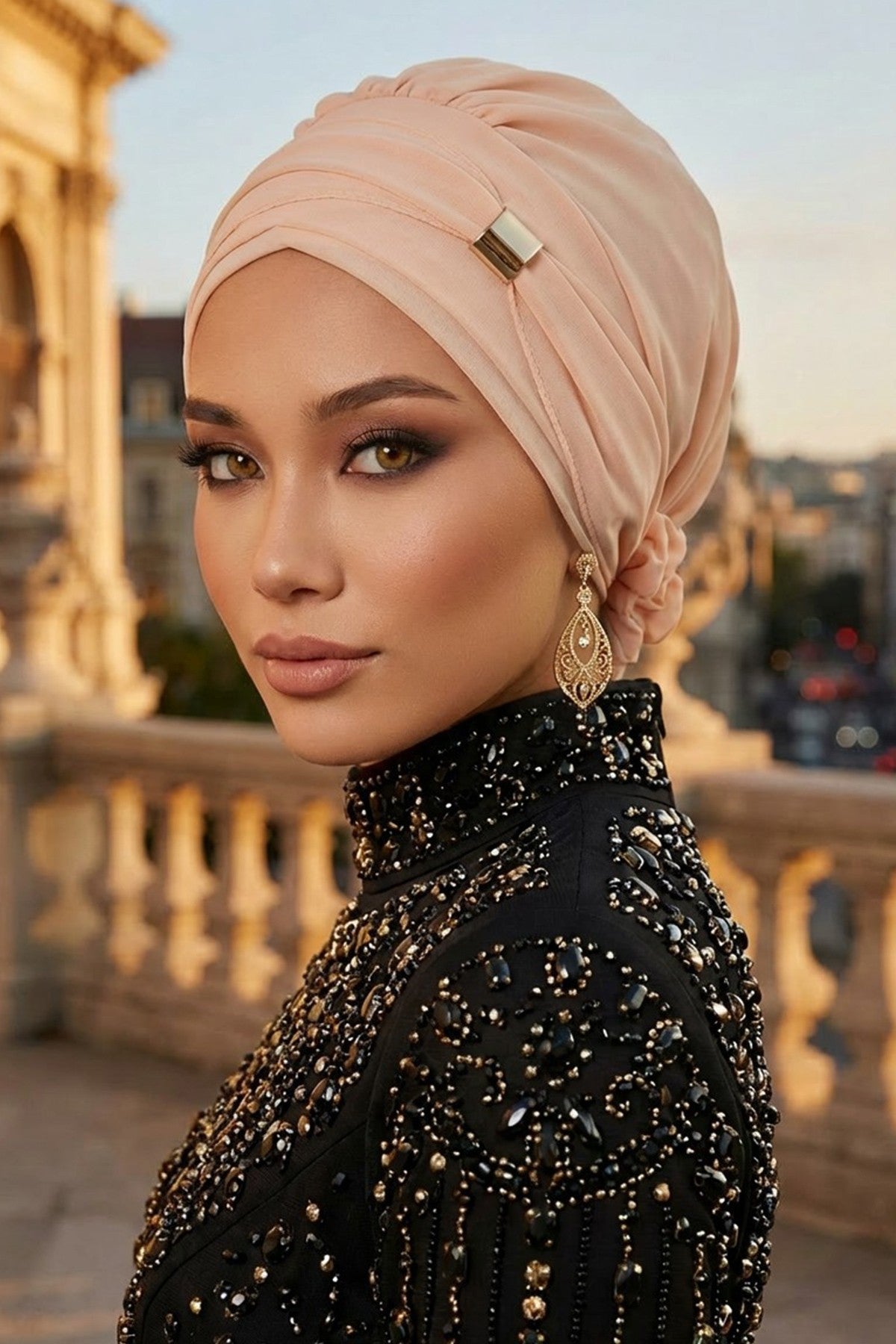 Chiffon Instant Turban with Sleek Gold Accent, Pre-Tied Hijab Cap for Women, Elegant Ready-to-Wear Modest Headwrap,HT-95S Beige