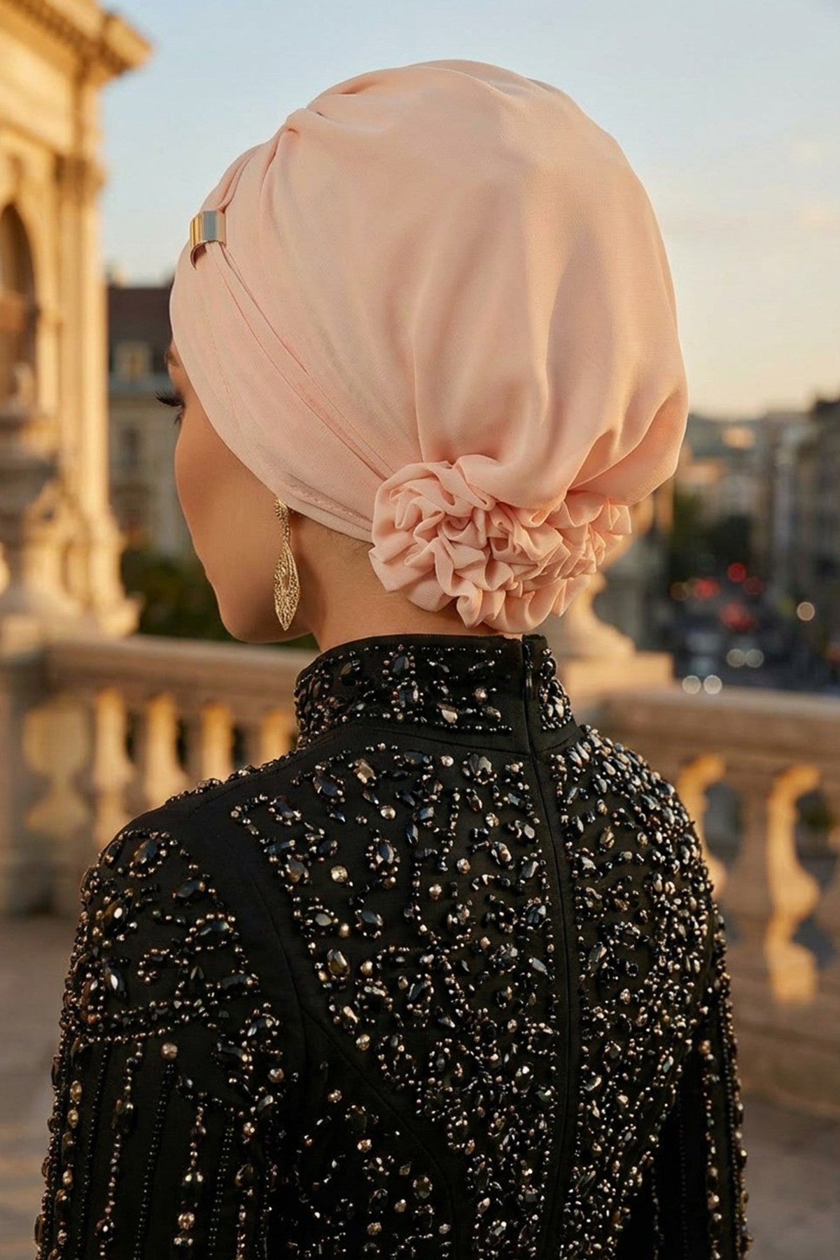 Chiffon Instant Turban with Sleek Gold Accent, Pre-Tied Hijab Cap for Women, Elegant Ready-to-Wear Modest Headwrap,HT-95S Beige