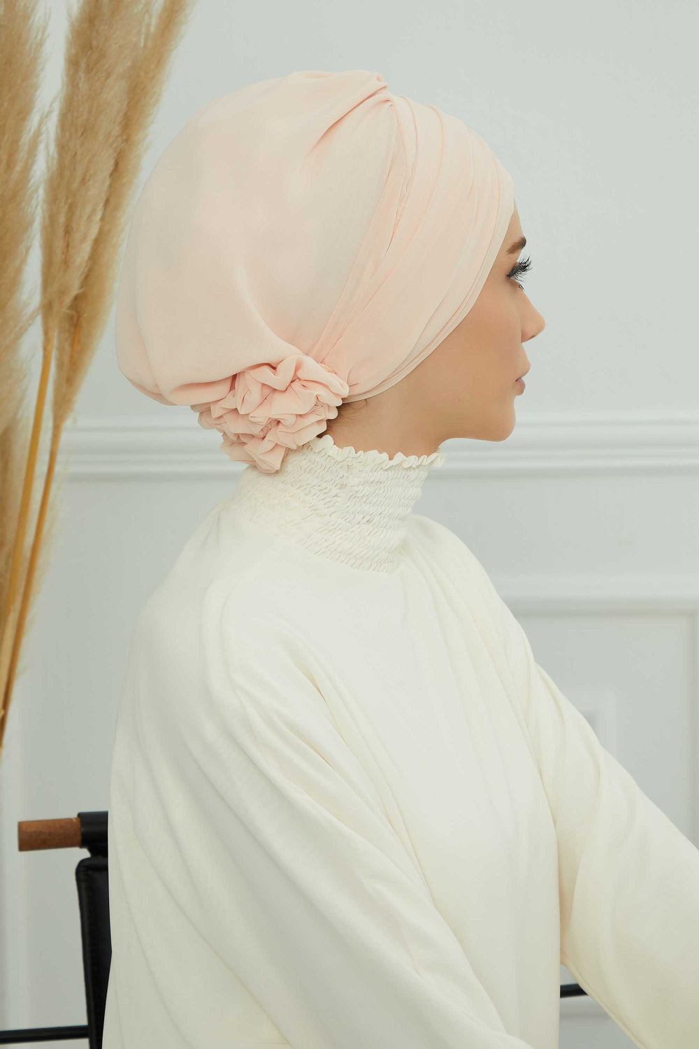 Chiffon Instant Turban with Sleek Gold Accent, Pre-Tied Hijab Cap for Women, Elegant Ready-to-Wear Modest Headwrap,HT-95S Beige