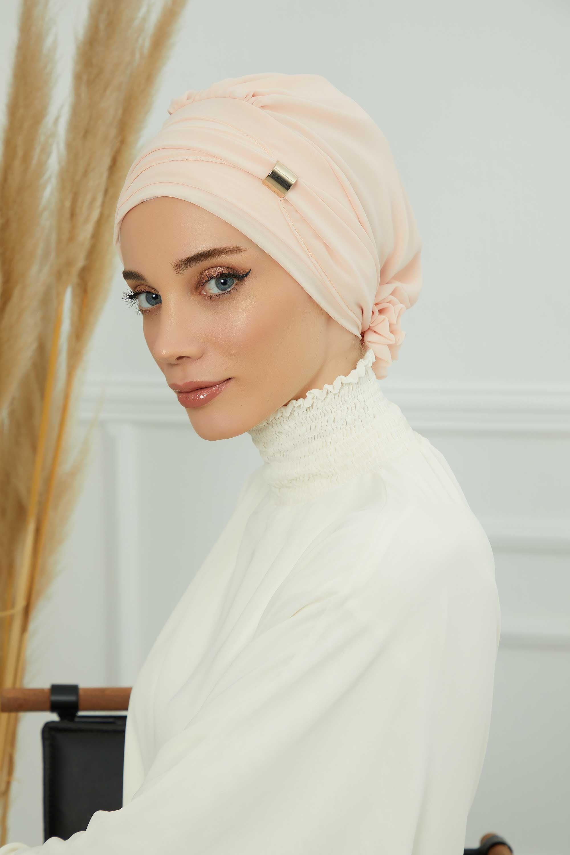 Chiffon Instant Turban with Sleek Gold Accent, Pre-Tied Hijab Cap for Women, Elegant Ready-to-Wear Modest Headwrap,HT-95S Beige