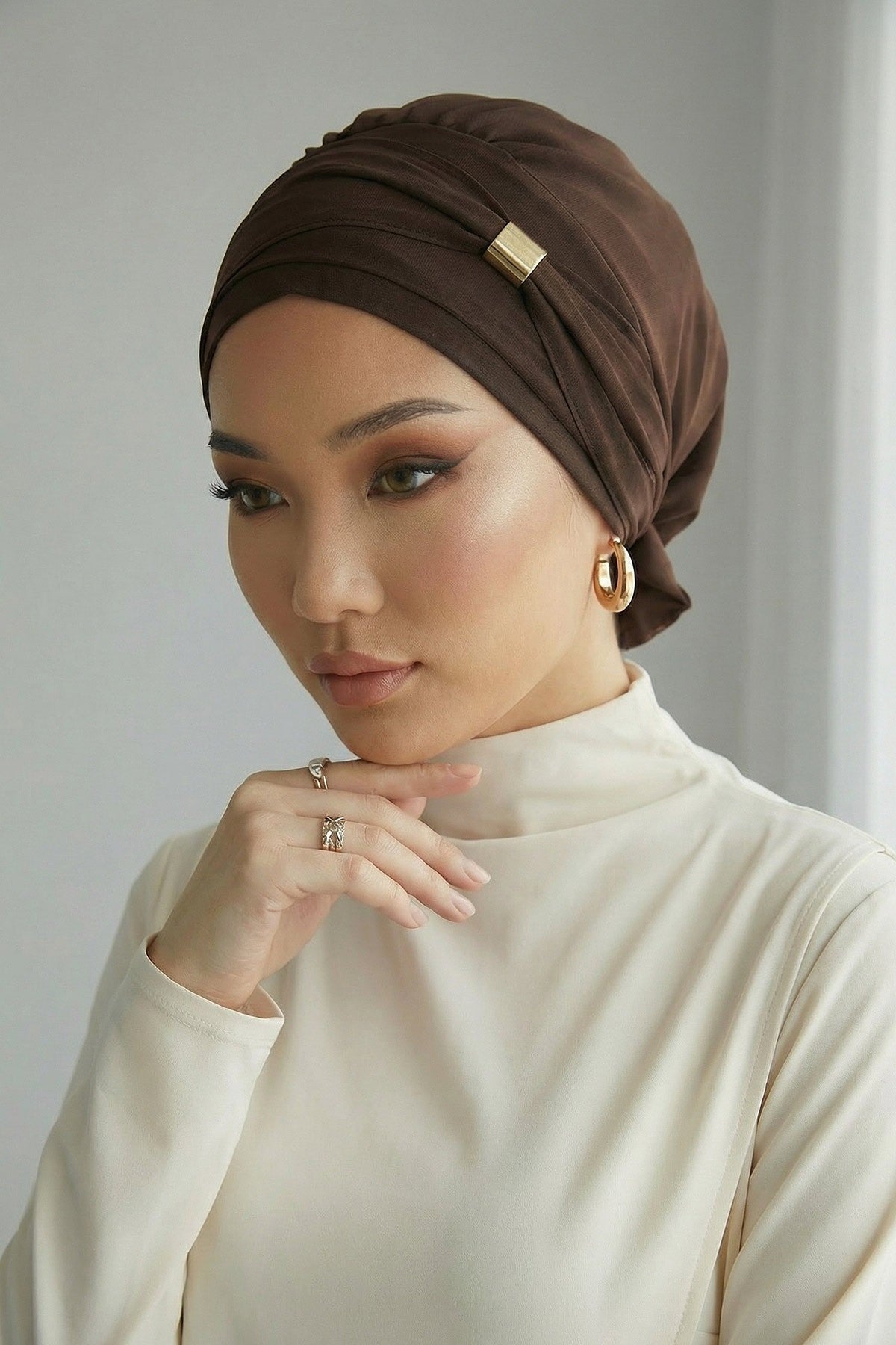 Chiffon Instant Turban with Sleek Gold Accent, Pre-Tied Hijab Cap for Women, Elegant Ready-to-Wear Modest Headwrap,HT-95S Brown