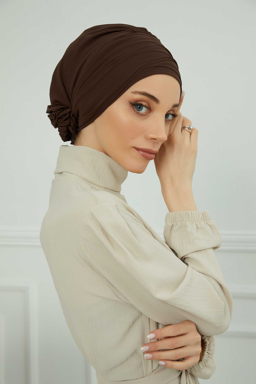 Chiffon Instant Turban with Sleek Gold Accent, Pre-Tied Hijab Cap for Women, Elegant Ready-to-Wear Modest Headwrap,HT-95S Brown