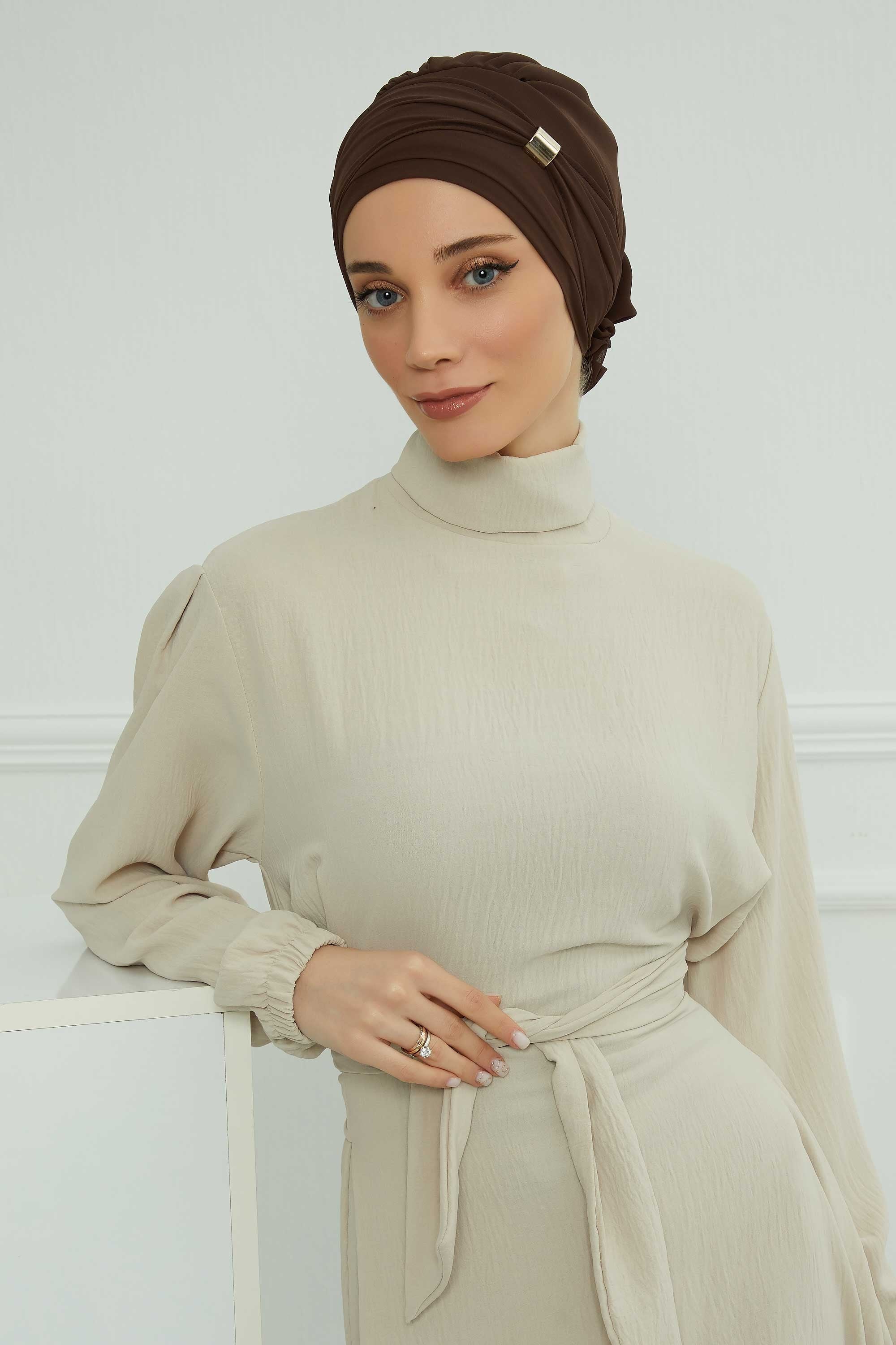 Chiffon Instant Turban with Sleek Gold Accent, Pre-Tied Hijab Cap for Women, Elegant Ready-to-Wear Modest Headwrap,HT-95S Brown