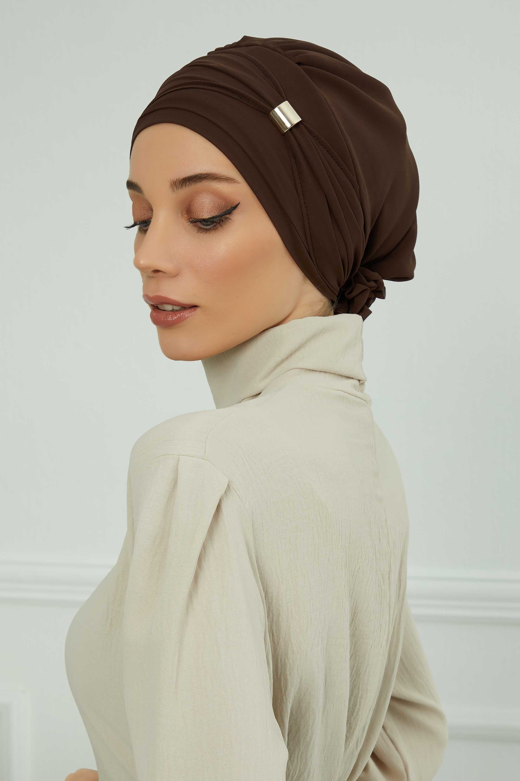 Chiffon Instant Turban with Sleek Gold Accent, Pre-Tied Hijab Cap for Women, Elegant Ready-to-Wear Modest Headwrap,HT-95S Brown