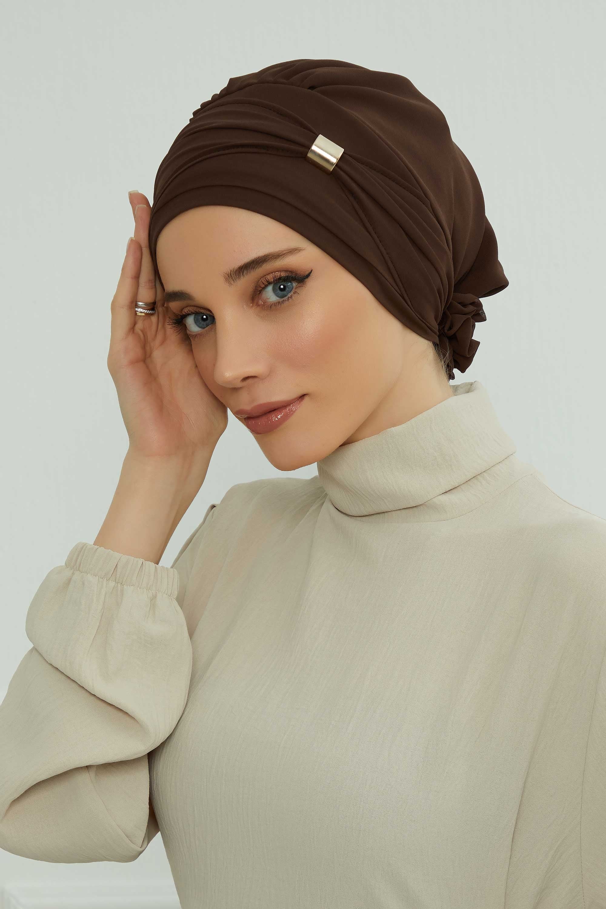 Chiffon Instant Turban with Sleek Gold Accent, Pre-Tied Hijab Cap for Women, Elegant Ready-to-Wear Modest Headwrap,HT-95S Brown