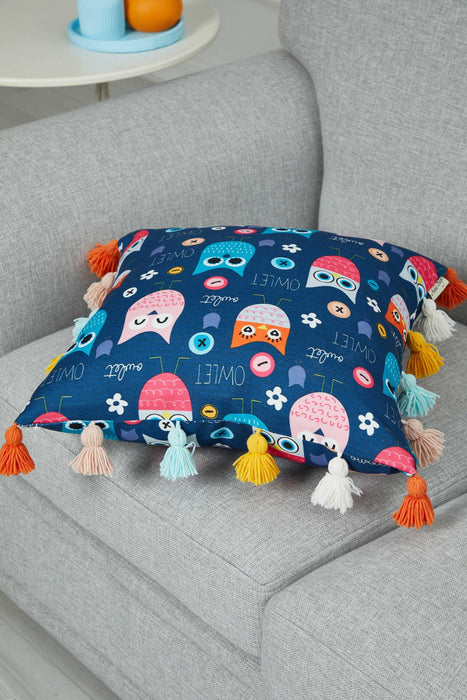 Colorful Owl Print Pillow Cover with Multicolored Tassels, 18x18 Inches Whimsical Night Birds Cushion Cover for Fun Kids Room Decor,K-366