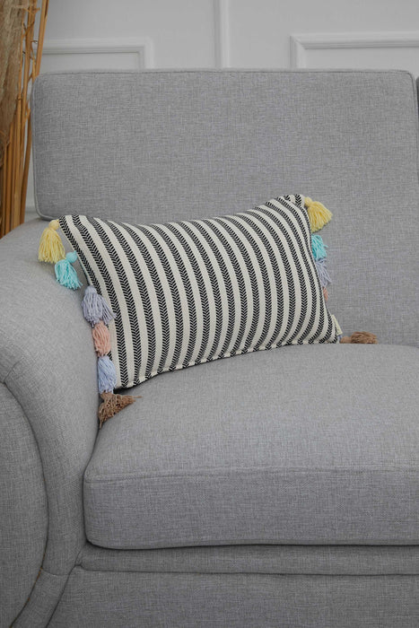 Striped Pillow Cover with Colourful Tassels on the Edges, Tasseled Anatolian Peshtemal Throw Pillow, Striped-Patterned Cushion Cover,K-274