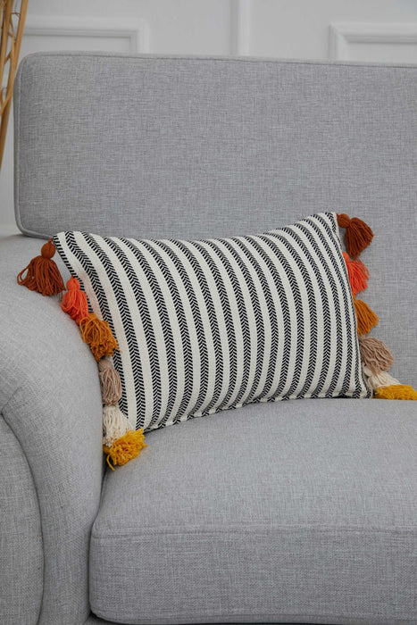 Striped Pillow Cover with Colourful Tassels on the Edges, Tasseled Anatolian Peshtemal Throw Pillow, Striped-Patterned Cushion Cover,K-274