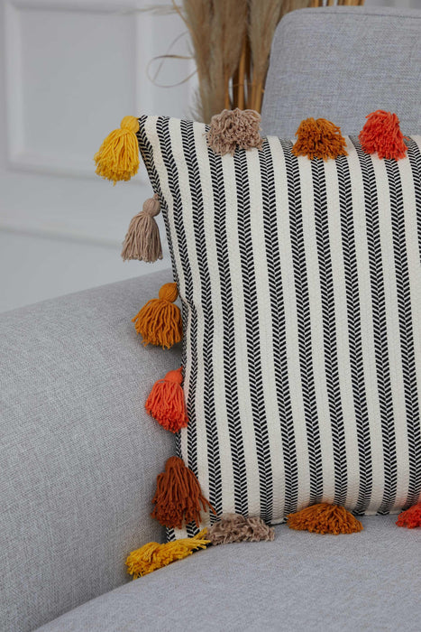 Striped-Patterned Pillow Cover with Plenty of Colourful Tassels on the Edges, 18x18 Inches Decorative Cushion Cover for Modern Home,K-272