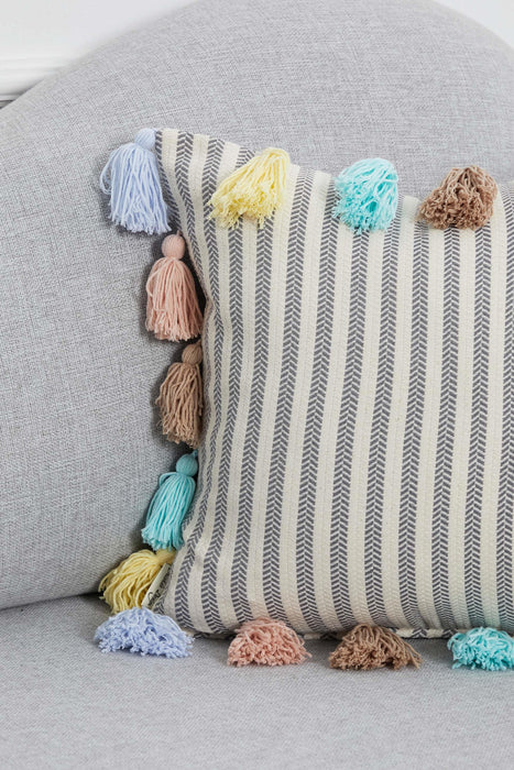 Striped-Patterned Pillow Cover with Plenty of Colourful Tassels on the Edges, 18x18 Inches Decorative Cushion Cover for Modern Home,K-272