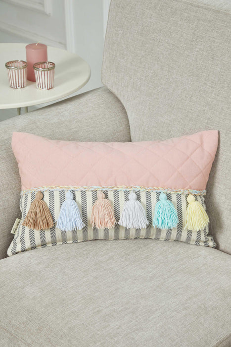 Colourful Tasseled Pillow Cover with Quilted and Striped Patterns, 20x12 Handmade Large Lumbar Pillow Cover for Cozy Home Decorations,K-210