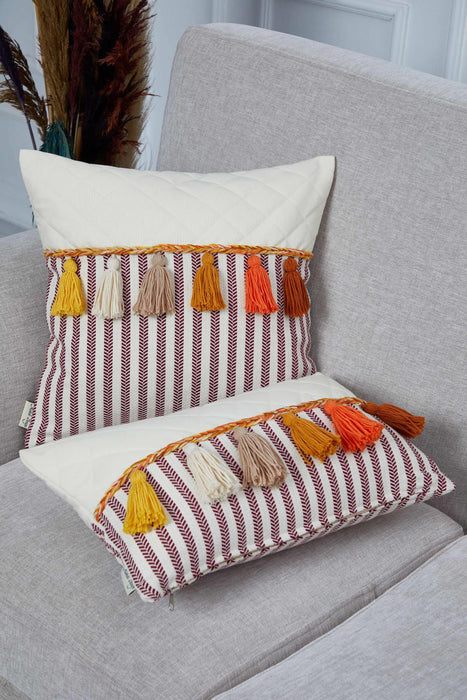 Colourful Tasseled Pillow Cover with Quilted and Striped Patterns, 20x12 Handmade Large Lumbar Pillow Cover for Cozy Home Decorations,K-210