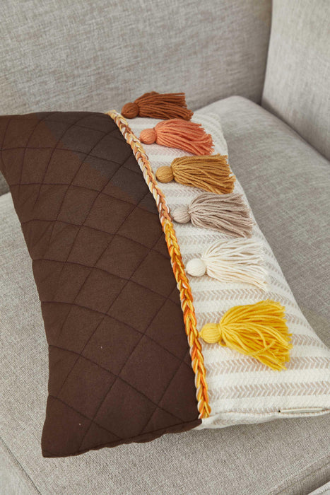 Farbenfroher Kissenbezug mit Quasten und gesteppten und gestreiften Mustern, 20 x 12 handgefertigter großer Lendenkissenbezug für gemütliche Wohndekorationen, K-210
