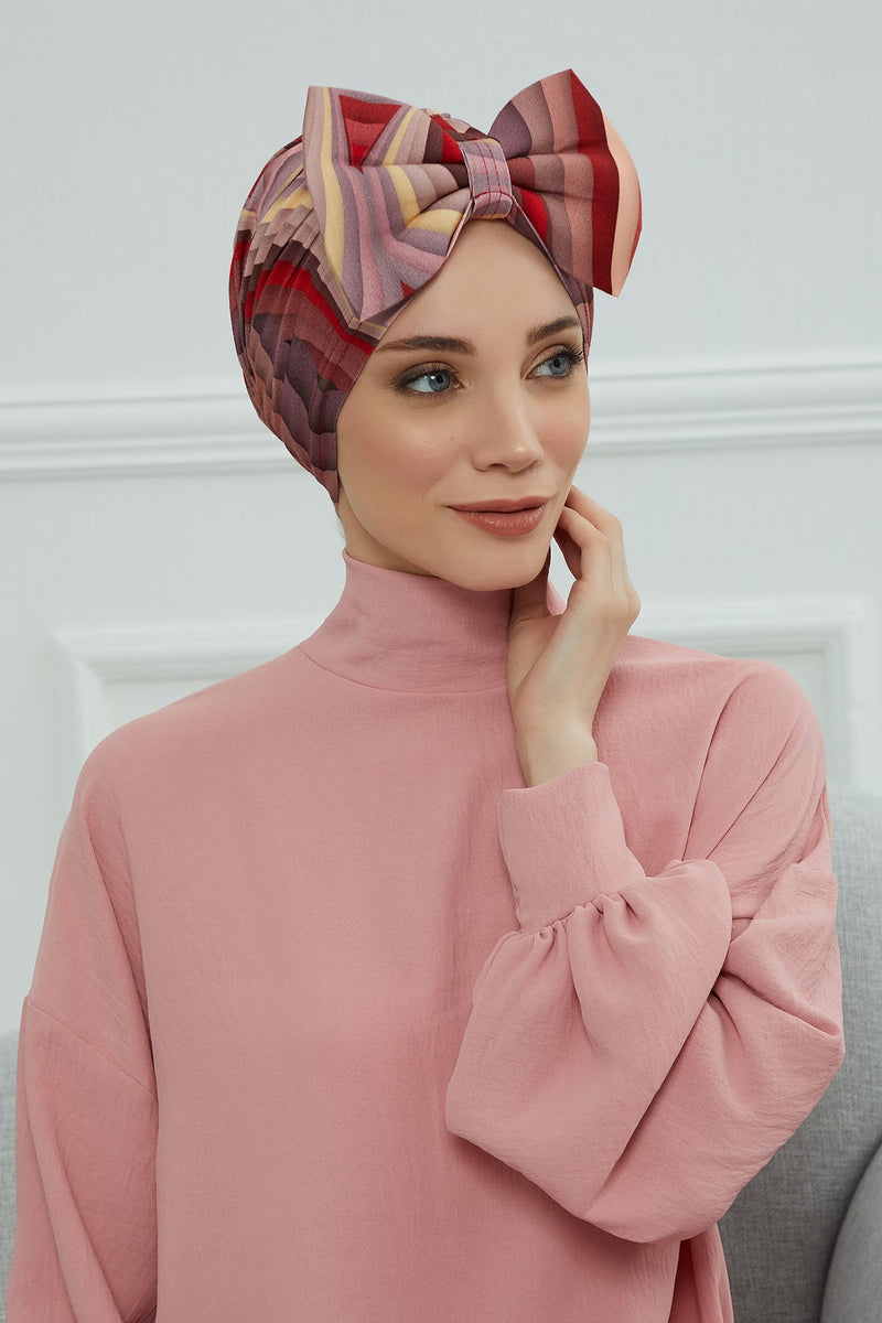 Combed Cotton Patterned Turban Bonnet with a Big Bow, Elegant and Comfortable Pre-Tied Instant Turban Hair Cover for Women,B-11YD