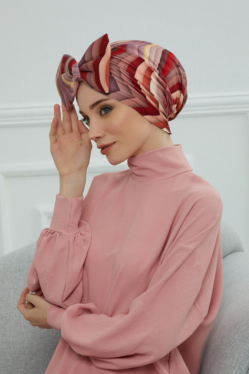 Combed Cotton Patterned Turban Bonnet with a Big Bow, Elegant and Comfortable Pre-Tied Instant Turban Hair Cover for Women,B-11YD