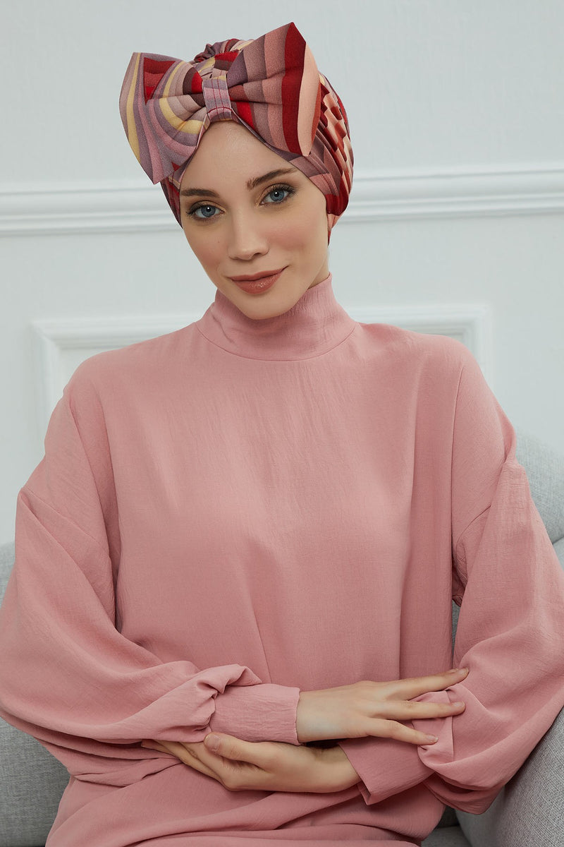 Combed Cotton Patterned Turban Bonnet with a Big Bow, Elegant and Comfortable Pre-Tied Instant Turban Hair Cover for Women,B-11YD