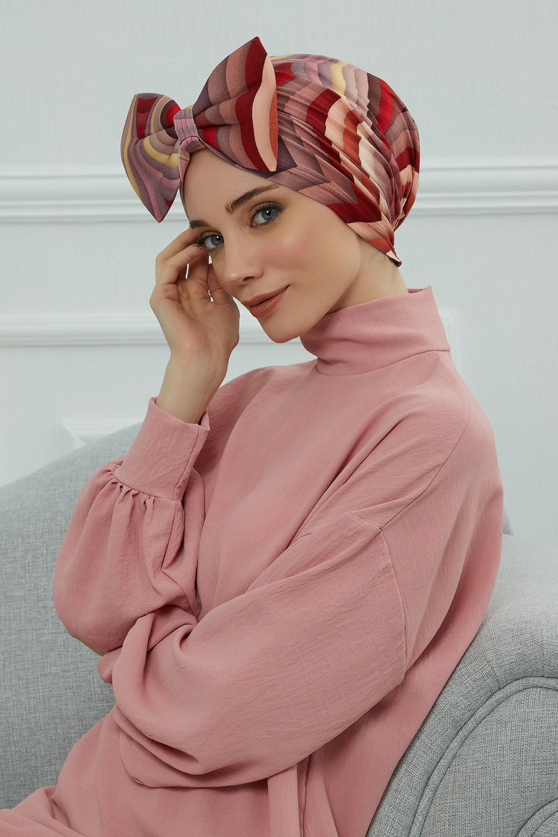 Combed Cotton Patterned Turban Bonnet with a Big Bow, Elegant and Comfortable Pre-Tied Instant Turban Hair Cover for Women,B-11YD